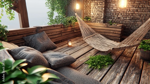 Rustic wooden patio hammock with comfy seating, plants, and warm lighting photo