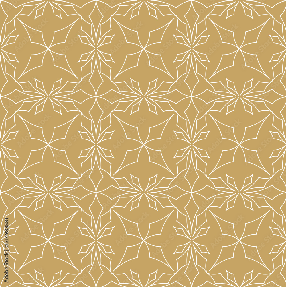Abstract geometric pattern with squares, crosses, stripes, lines. Seamless vector background. White and gold ornament. Modern reticulated graphic design.