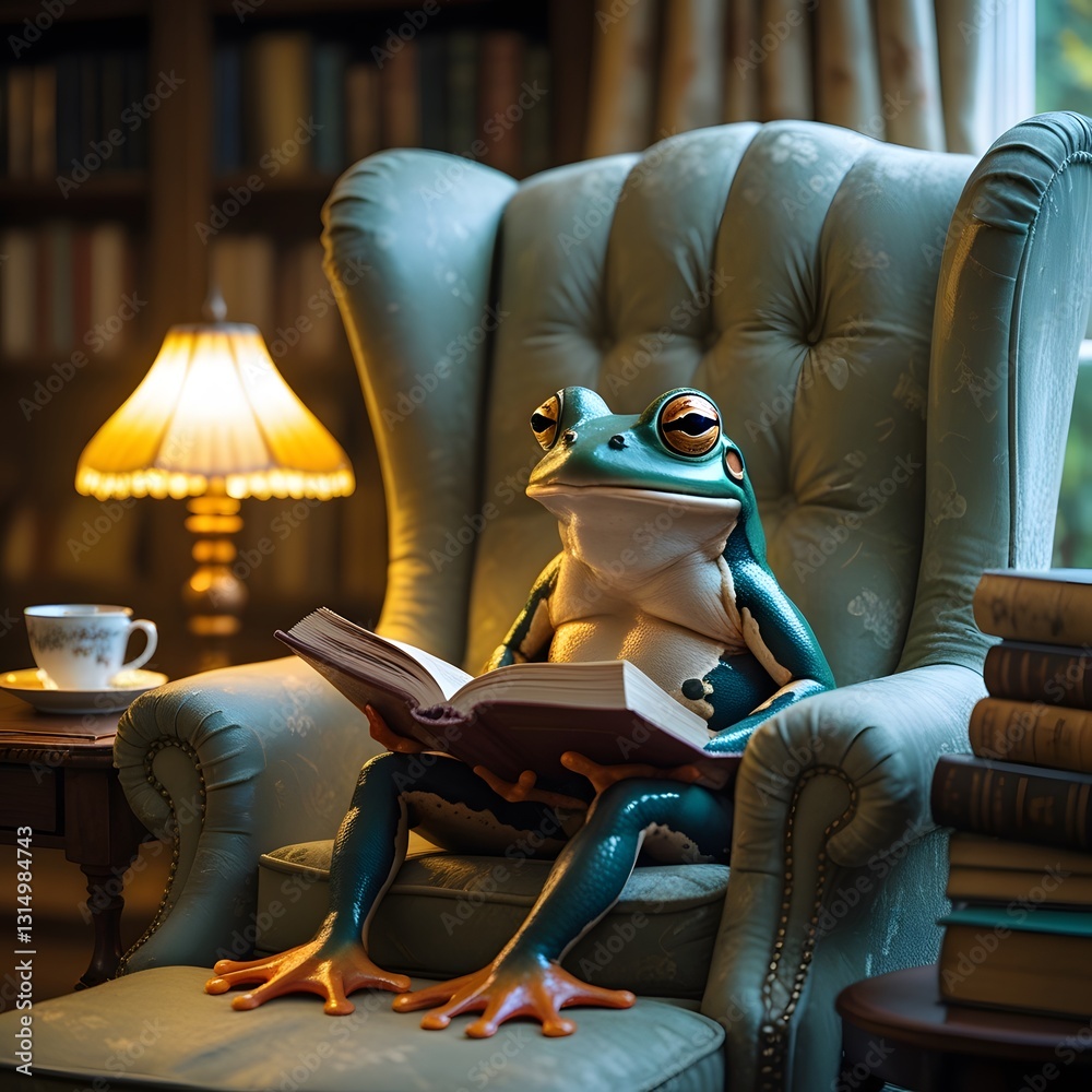 Obraz premium A frog is sitting on the sofa, while reading a book