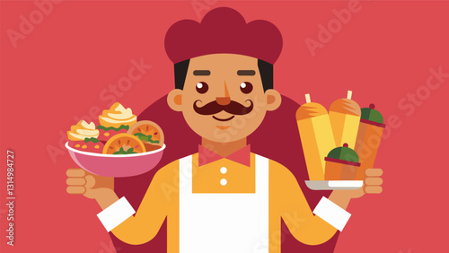 The taco stands owner proudly displayed his perfectly carved shawarmastyle al pastor meat served with warm tortillas and a variety of delicious toppings.. Vector illustration