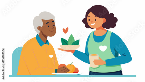 A volunteer carefully listens to the story of a community member offering comfort and understanding with a warm plate of food by their side.. Vector illustration