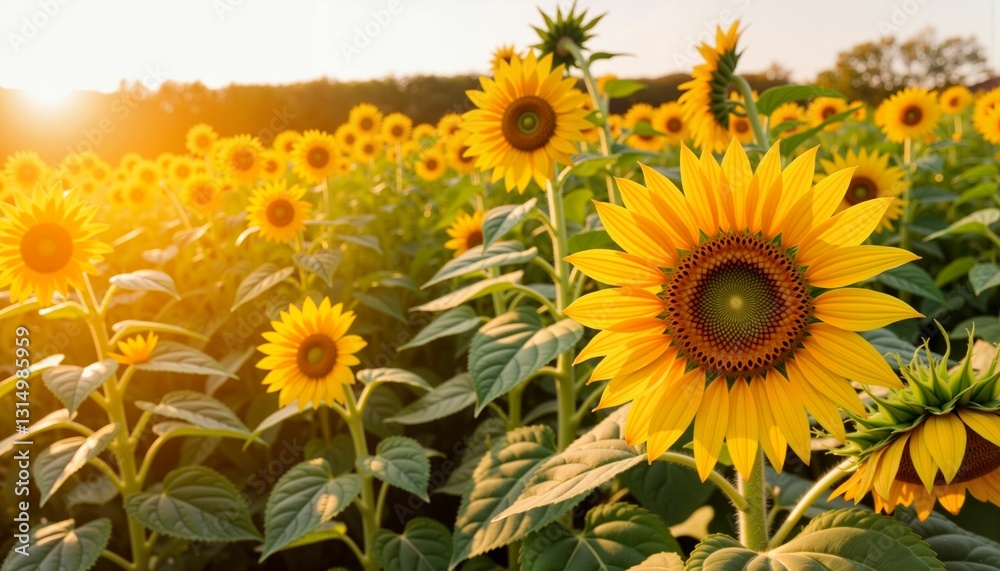 Fototapeta premium Vibrant sunflowers swaying in golden afternoon light, summer beauty
