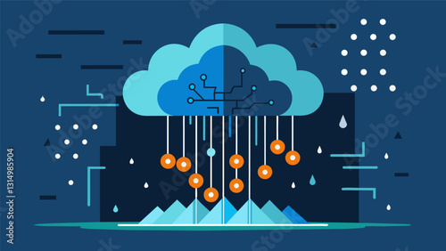 The data being processed by the quantum computer was a torrential downpour with streams of bits and bytes crashing into each other and reforming in a continuous cycle.. Vector illustration