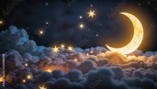 Glowing crescent moon surrounded by stars in a cosmic night, serenity