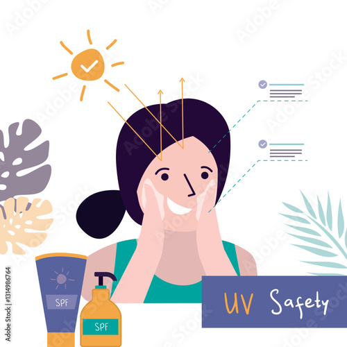 UF safety. Face and body solar protection care concept. Happy woman applying sunscreen cream to her face. Sunscreen cosmetics. Summertime, vacation at tropical resort.