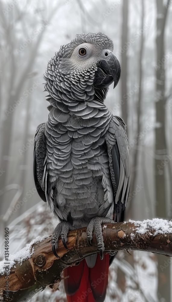Obraz premium Gray parrot perched on a snowy branch, winter scene.