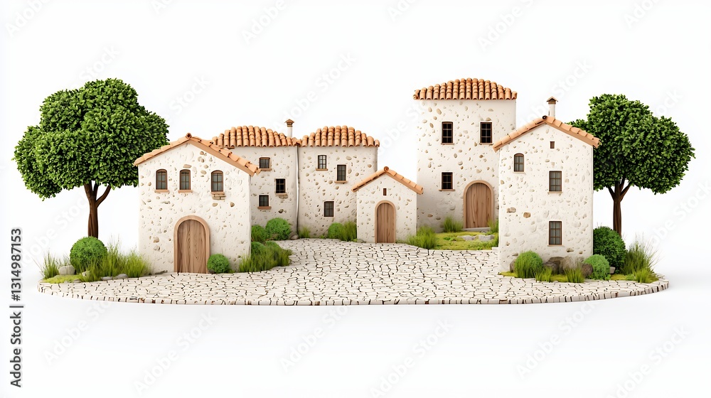 Obraz premium Charming Rustic Village with Stone Houses and Lush Greenery Rendered in a Low-Poly Style