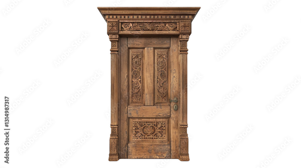 Fototapeta premium Detailed Woodwork Door on transparent background PNG.