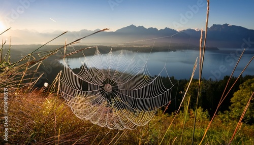 intricate spider s web adorned with dew in foreground overlooking lake chiemsee and bavarian alps