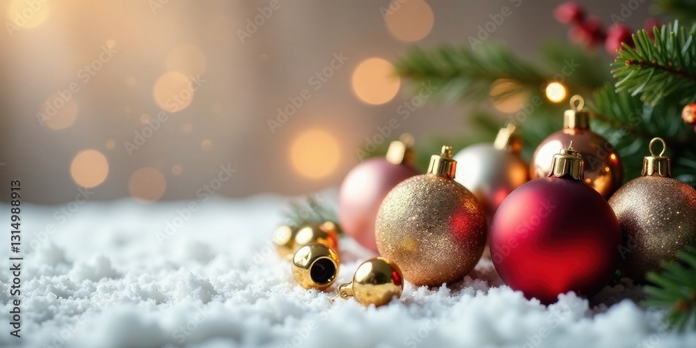 Obraz premium Festive Sparkling Ornaments Resting on a Snowy Surface with a Soft Bokeh Background
