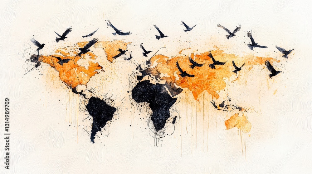 Fototapeta Artistic depiction of a world map with birds in flight, showcasing vibrant colors and unique abstract elements