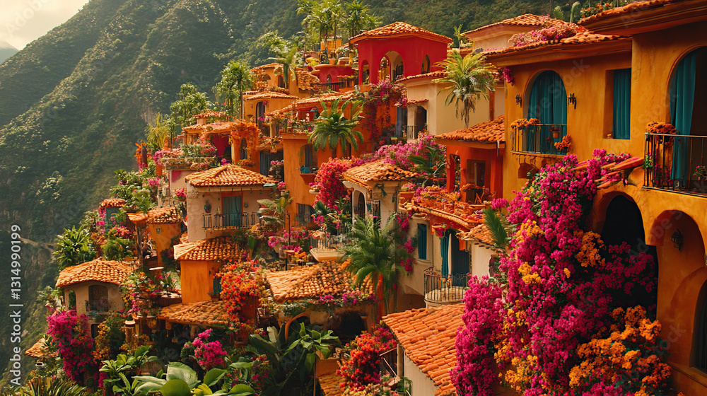 Obraz premium Vibrant hillside town nestled in lush greenery