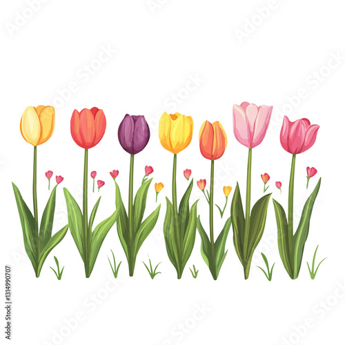 2D flat vector illustration A row of colorful tulips in a garden icon isolated on a white background.

