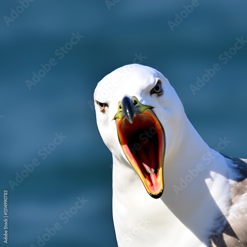 Angry squawking seagull with beak wide open.