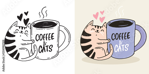 Trendy hand drawn doodle lettering quote about cat and coffee. Lettering for t-shirt design, mug print, bag print, clothes fashion. 100% hand drawn vector image.