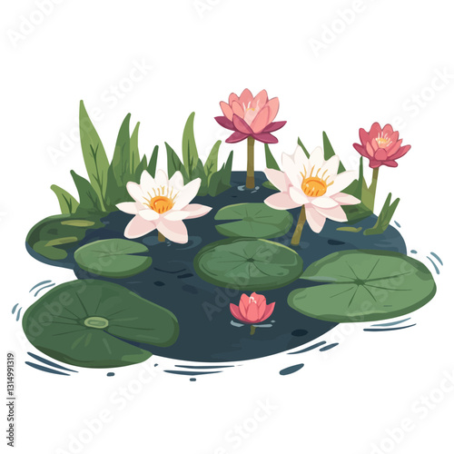 2D flat vector illustration A small pond with blooming water lilies icon isolated on a white background.

