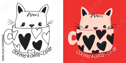 Trendy hand drawn doodle lettering quote about cat and coffee. Lettering for t-shirt design, mug print, bag print, clothes fashion. 100% hand drawn vector image.