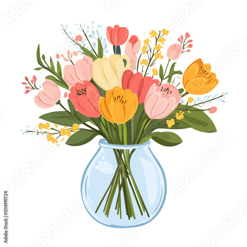 2D flat vector illustration A spring flower bouquet in a glass vase icon isolated on a white background.

