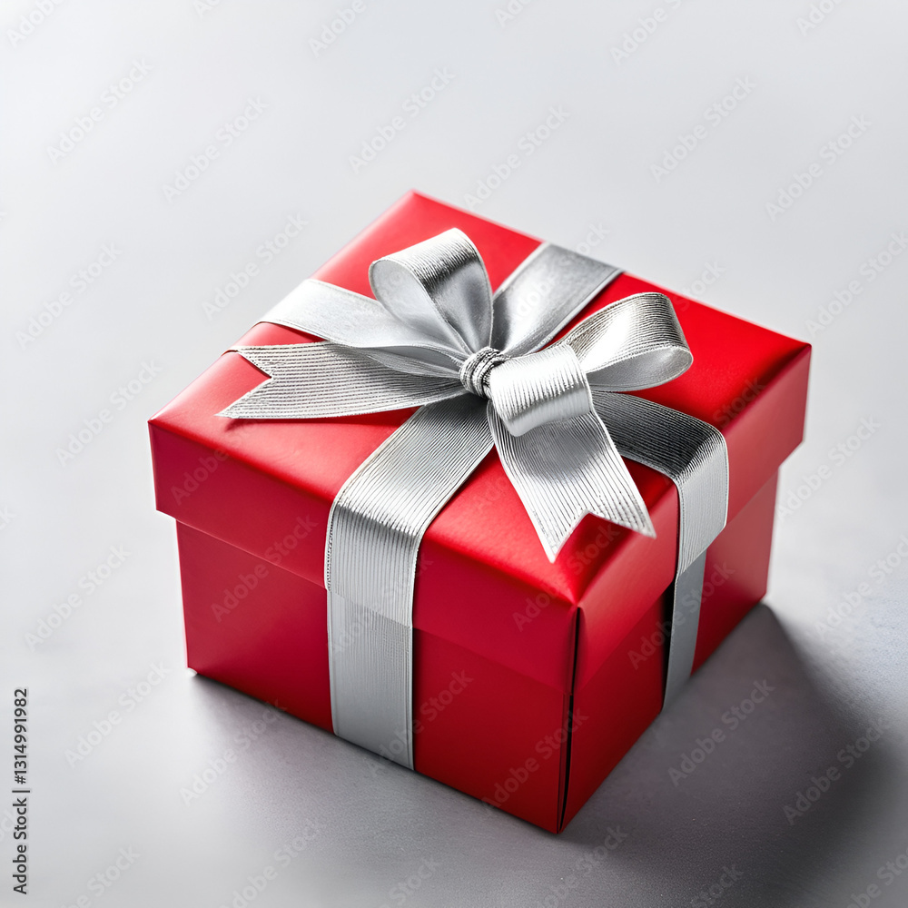 Obraz premium A beautifully wrapped red gift box with silver ribbon ready to be presented for a special occasion or celebration