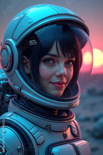 Celebration of human space flight with futuristic female astronaut portrait