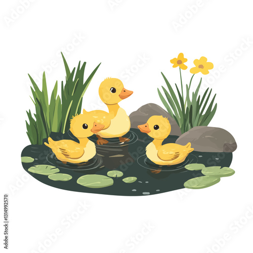 2D flat vector illustration Baby duckling in the pond icon isolated on a white background.

