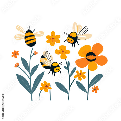 2D flat vector illustration Bees buzzing around flowers icon isolated on a white background.

