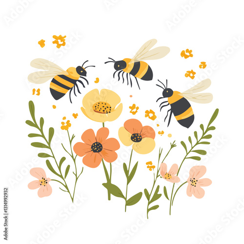 2D flat vector illustration Bees buzzing around flowers icon isolated on a white background.

