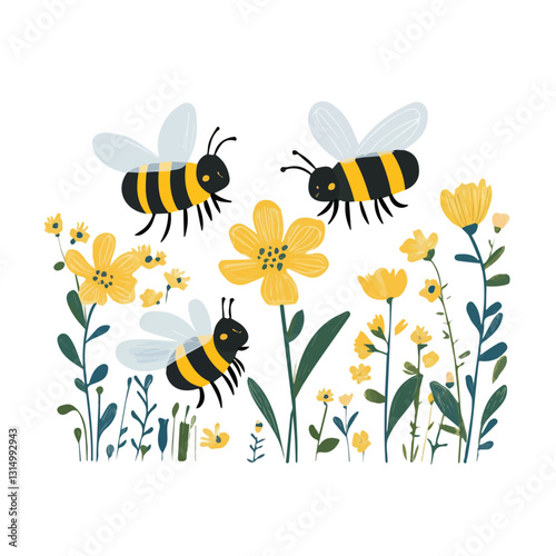 2D flat vector illustration Bees buzzing around flowers icon isolated on a white background.

