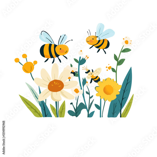 2D flat vector illustration Bees buzzing around flowers icon isolated on a white background.

