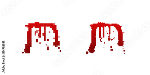 Two pixelated red blood drips on a white background, resembling digital glitch art with a distorted appearance.
