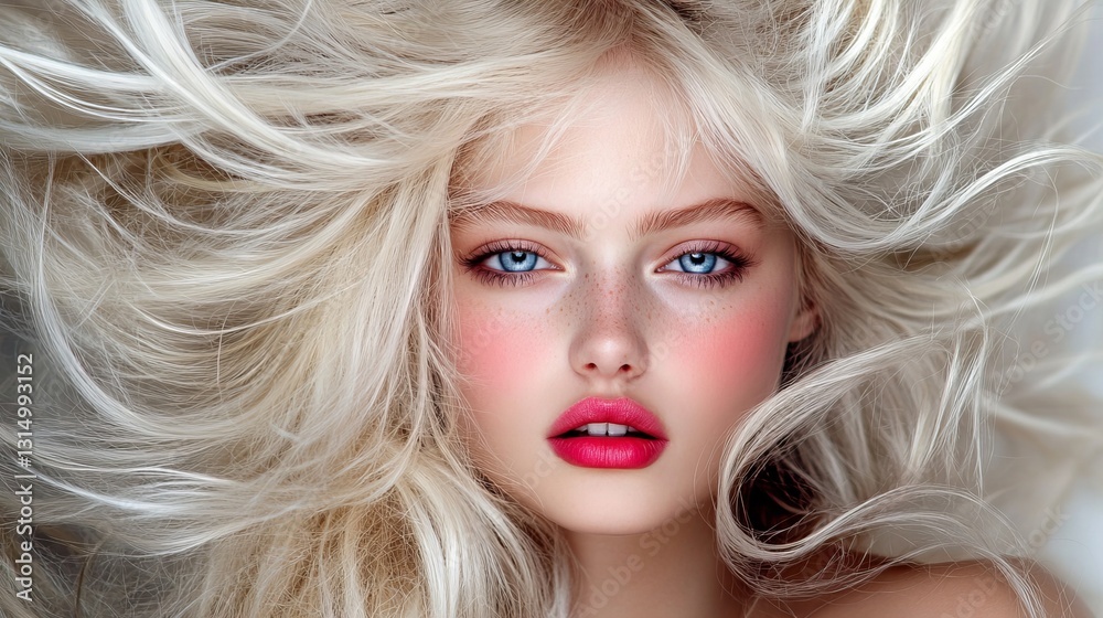Stunning blonde woman with windblown hair. Soft pink blush and bright lips. Stunning blonde woman with windblown hair. Soft pink blush and bright lips.