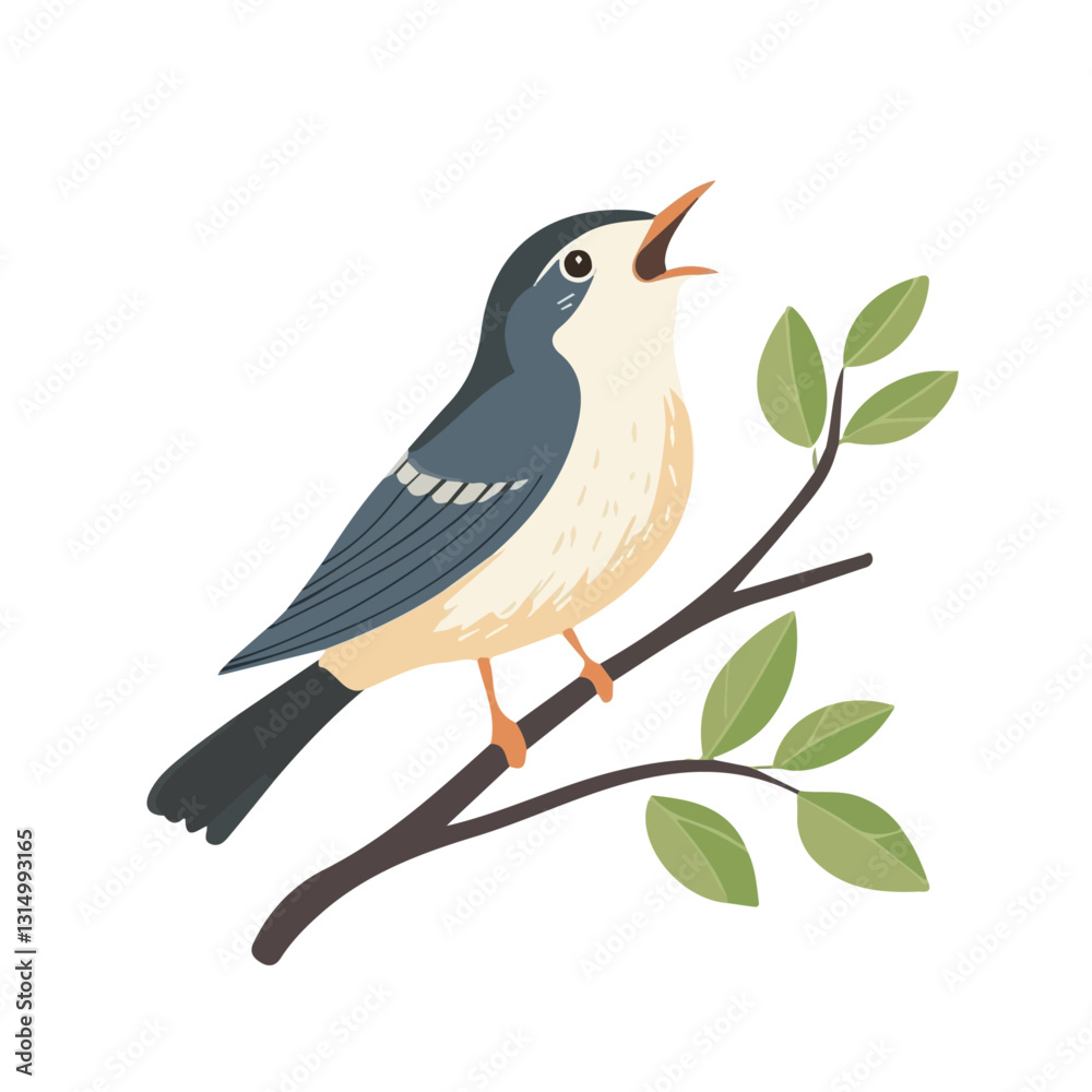 2D flat vector illustration Bird singing on a branch icon isolated on a white background.
2D flat vector illustration Bird singing on a branch icon isolated on a white background.