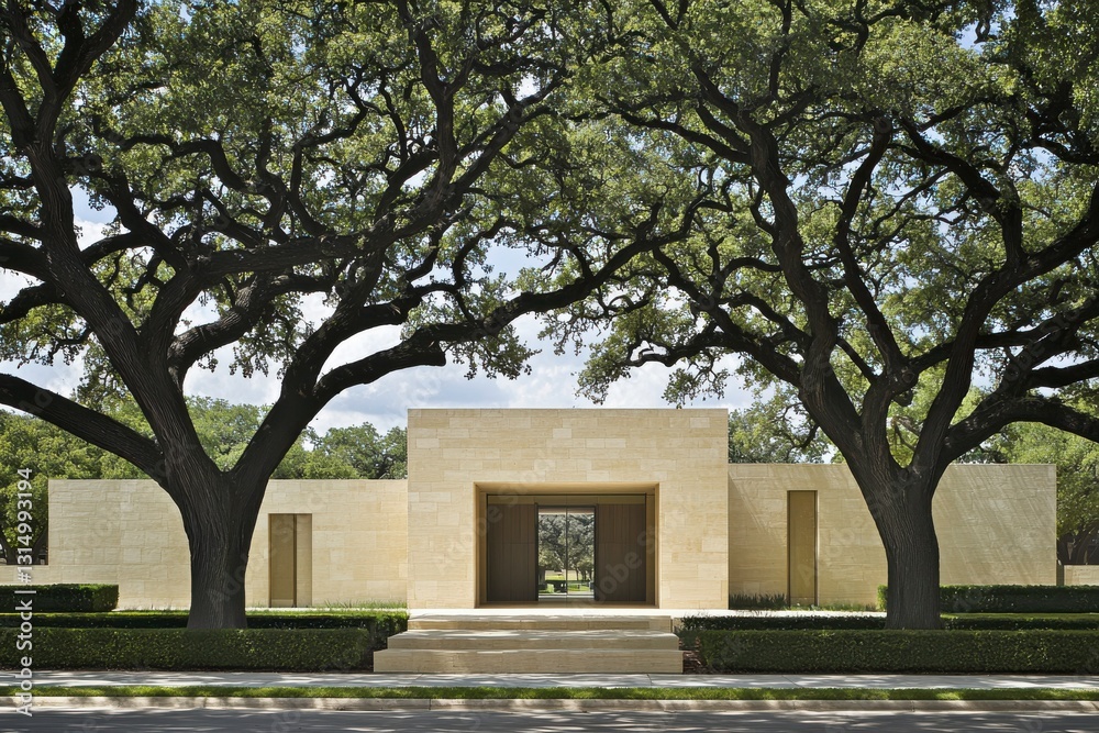 Beige Modern House Entrance with Lush Landscaping Beige Modern House Entrance with Lush Landscaping