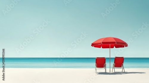 A red umbrella is on the beach next to two red chairs