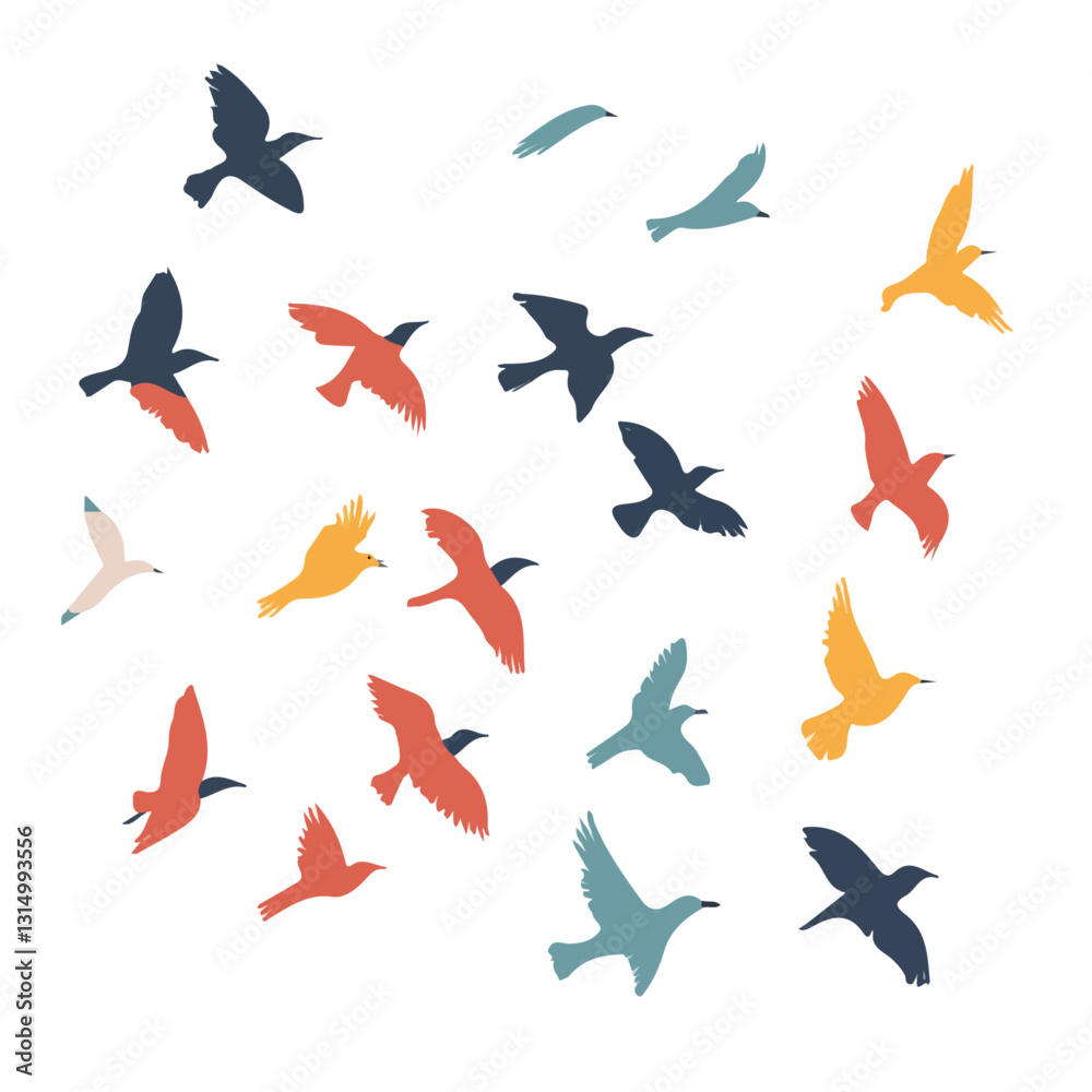 2D flat vector illustration Birds flying in the clear spring sky icon isolated on a white background.

