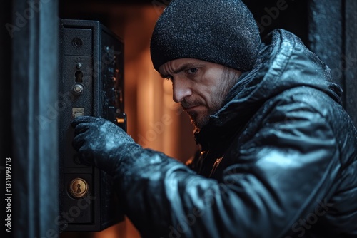 Burglar cracking safe box code during winter night, housebreaking and robbery concept