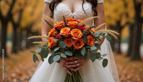 Bride Holding Autumn Wedding Bouquet with Burnt Orange Roses and Foliage in Scenic Setting
