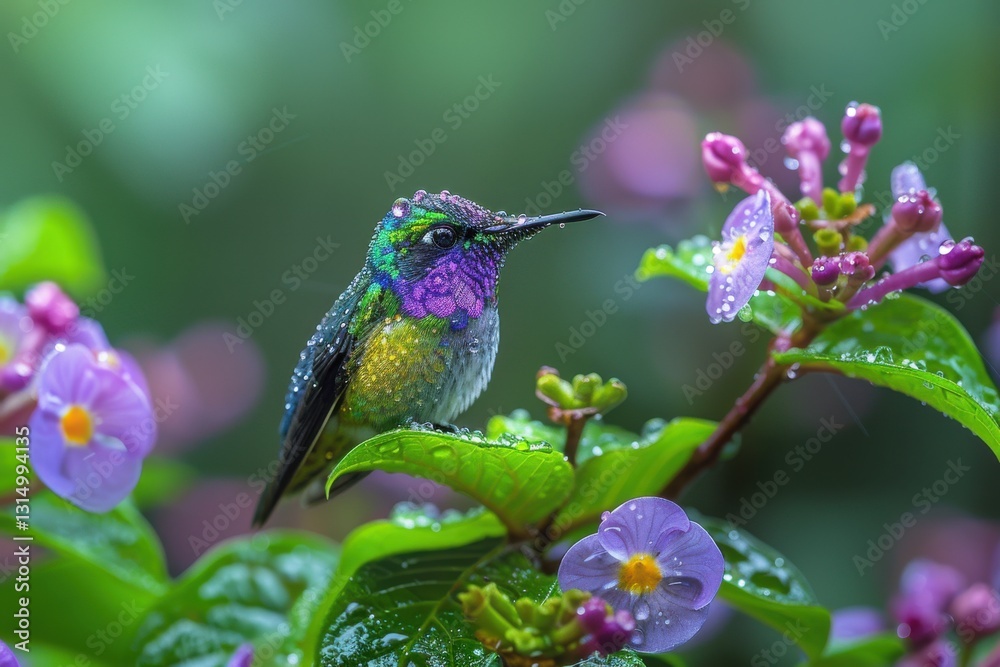 Fototapeta premium Vibrant hummingbird perched on rain-soaked flowers. A burst of color in nature's beauty.