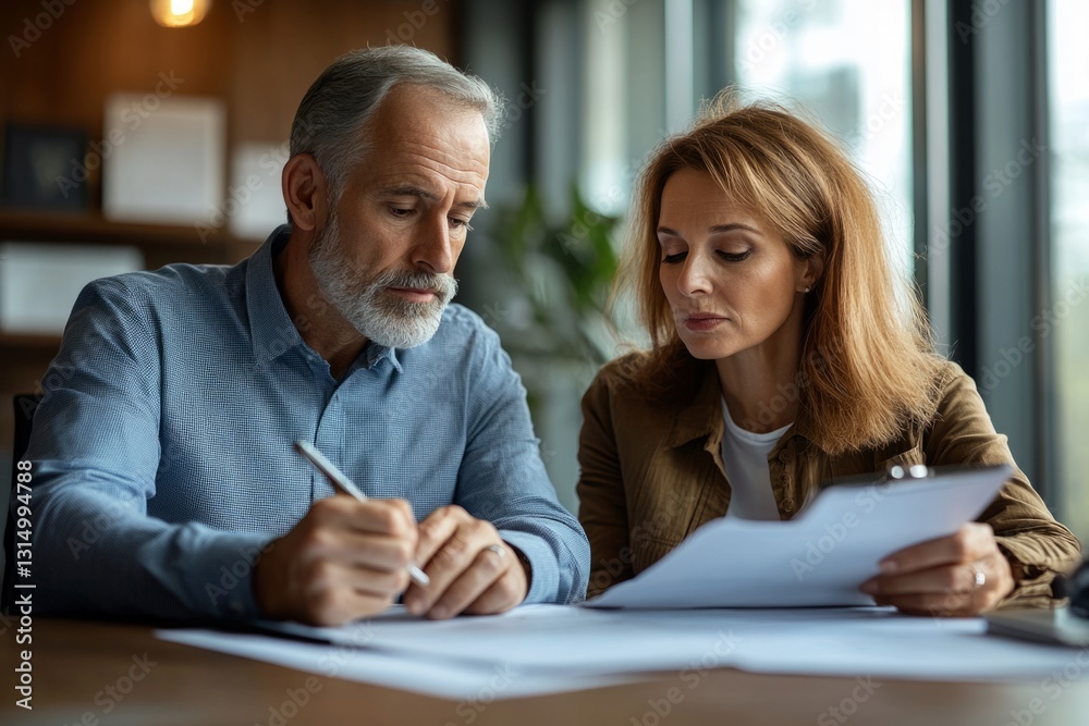 Fototapeta premium Two mature business people are collaborating on paperwork, reviewing documents and making notes in an office setting