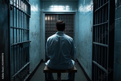 Lonely prisoner wearing uniform sitting in jail cell contemplating crime photo