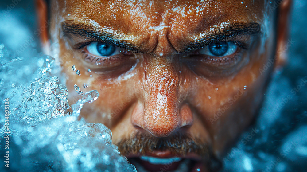 A man submerged in water with a fierce expression, his blue eyes staring intensely forward. Water splashes surround him A man submerged in water with a fierce expression, his blue eyes staring intensely forward. Water splashes surround him