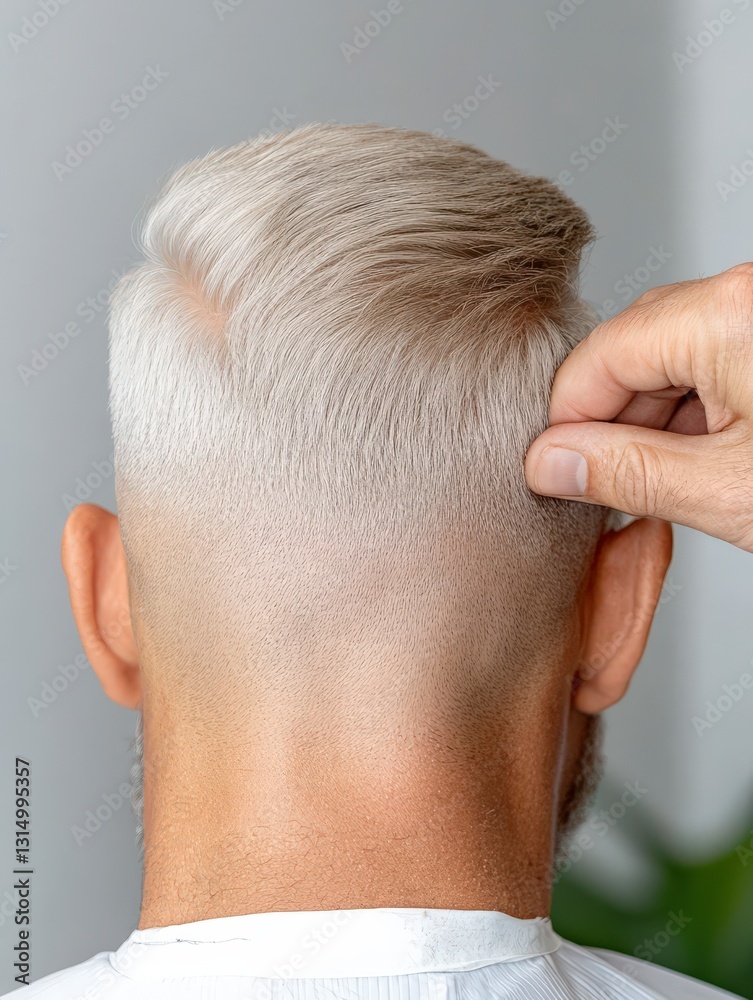 Naklejka premium Close-Up of a Man's Stylish Haircut with Focus on Neatly Trimmed Fade and Trendy Light Blonde Color