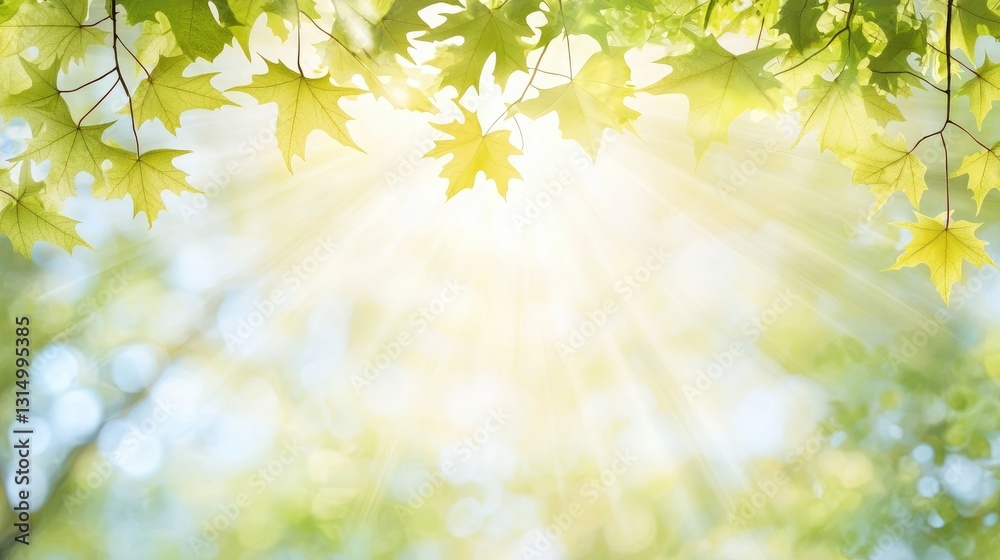 Sunbeams through spring maple leaves; nature background; website banner Sunbeams through spring maple leaves; nature background; website banner