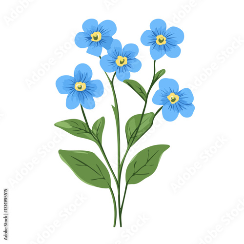 2D flat vector illustration Blue forget-me-not flowers blooming icon isolated on a white background.

