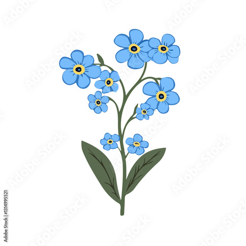 2D flat vector illustration Blue forget-me-not flowers blooming icon isolated on a white background.

