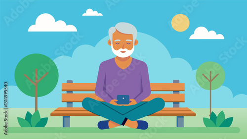 An older adult sitting on a park bench closing their eyes and using a meditation app to guide them through a body scan exercise focused on releasing tension and promoting. Vector illustration