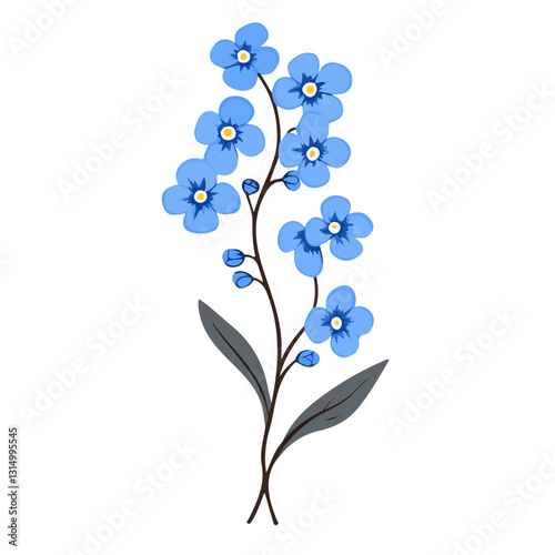 2D flat vector illustration Blue forget-me-not flowers blooming icon isolated on a white background.

