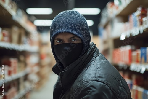 Shoplifter wearing balaclava is about to steal goods from grocery store shelves