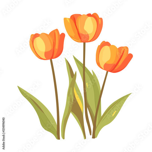 2D flat vector illustration Bright orange tulips in the sun icon isolated on a white background.

