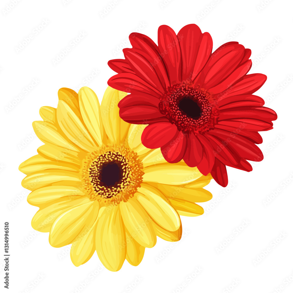 2D flat vector illustration Bright red and yellow gerbera daisies icon isolated on a white background.
2D flat vector illustration Bright red and yellow gerbera daisies icon isolated on a white background.